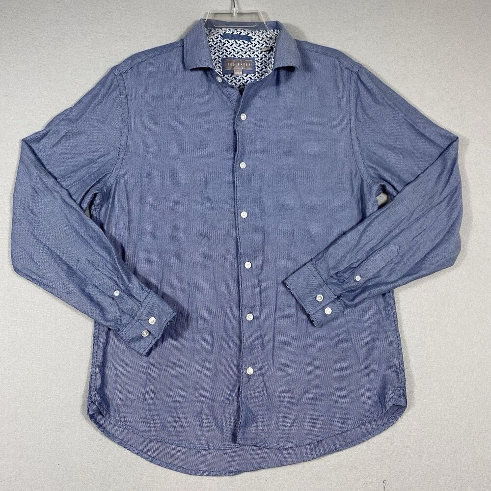 Ted Baker Mens Blue Herringbone Long Sleeve Button Down Shirt Size M 1072429